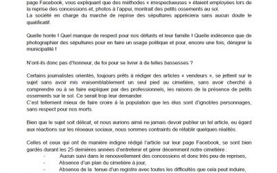 Communiqué à propos du cimetière – 11 juin 2019